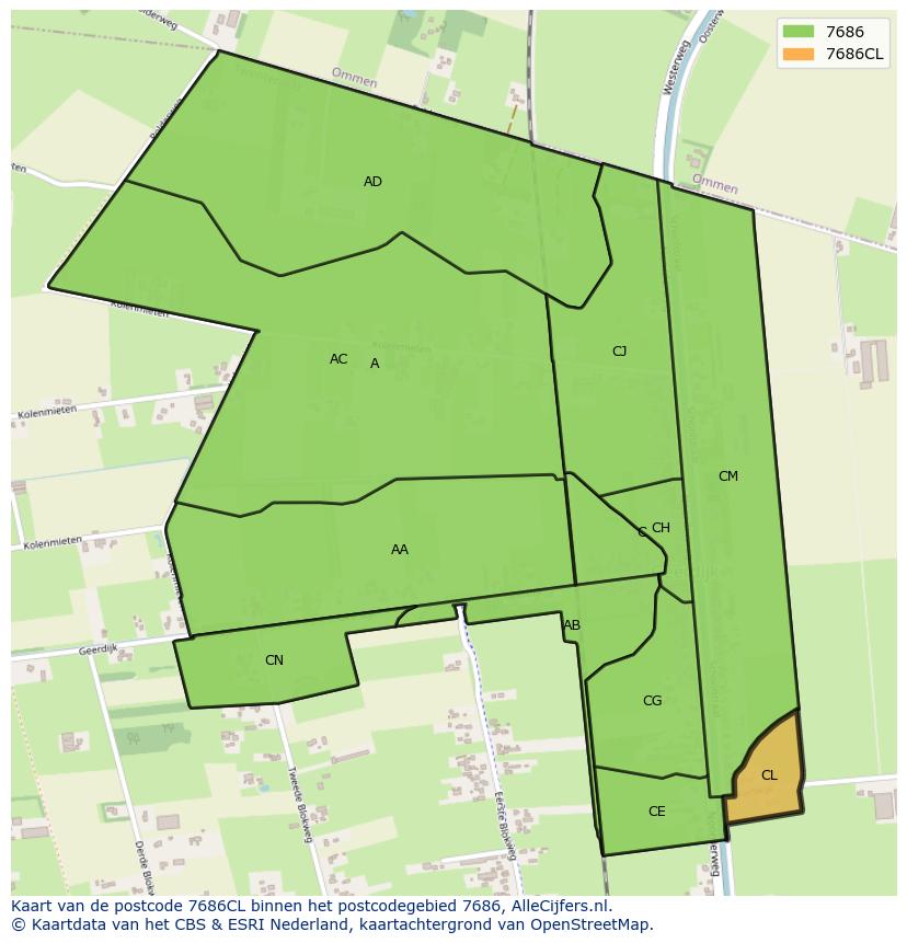 Afbeelding van het postcodegebied 7686 CL op de kaart.