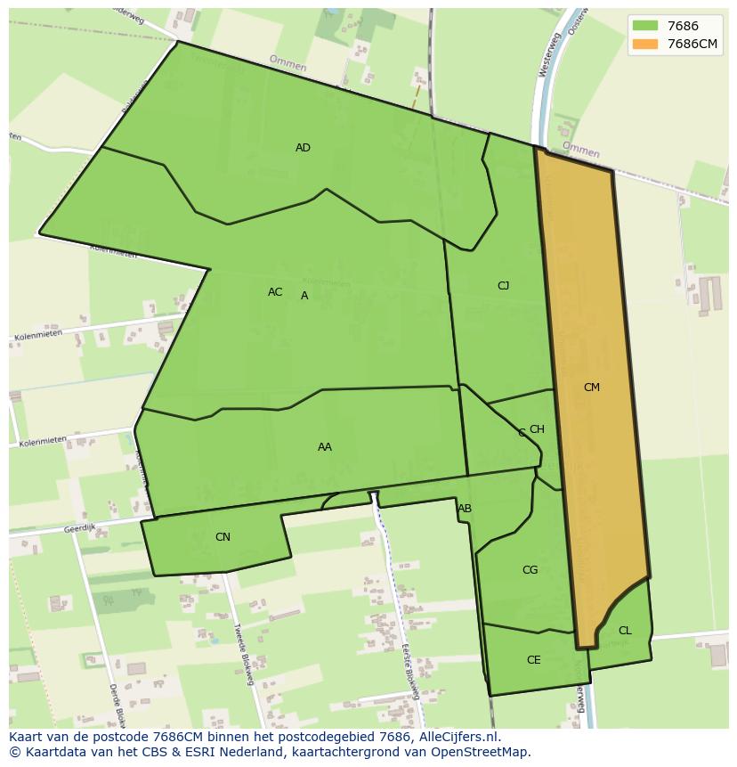 Afbeelding van het postcodegebied 7686 CM op de kaart.