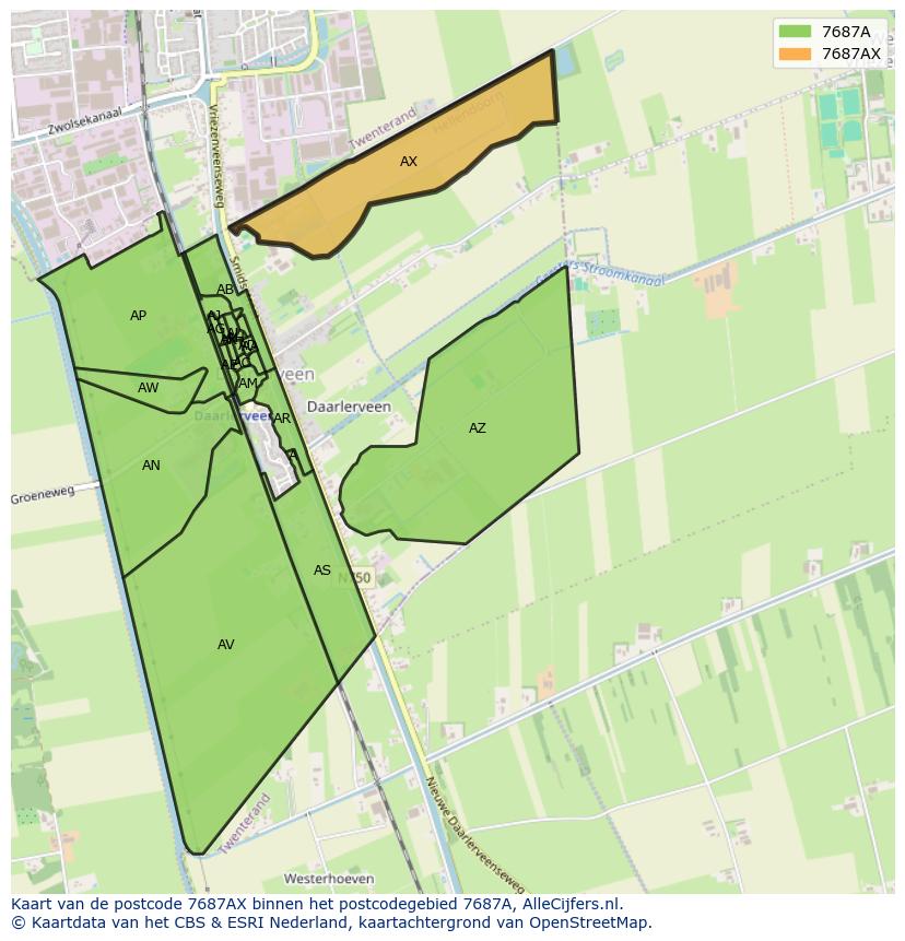 Afbeelding van het postcodegebied 7687 AX op de kaart.