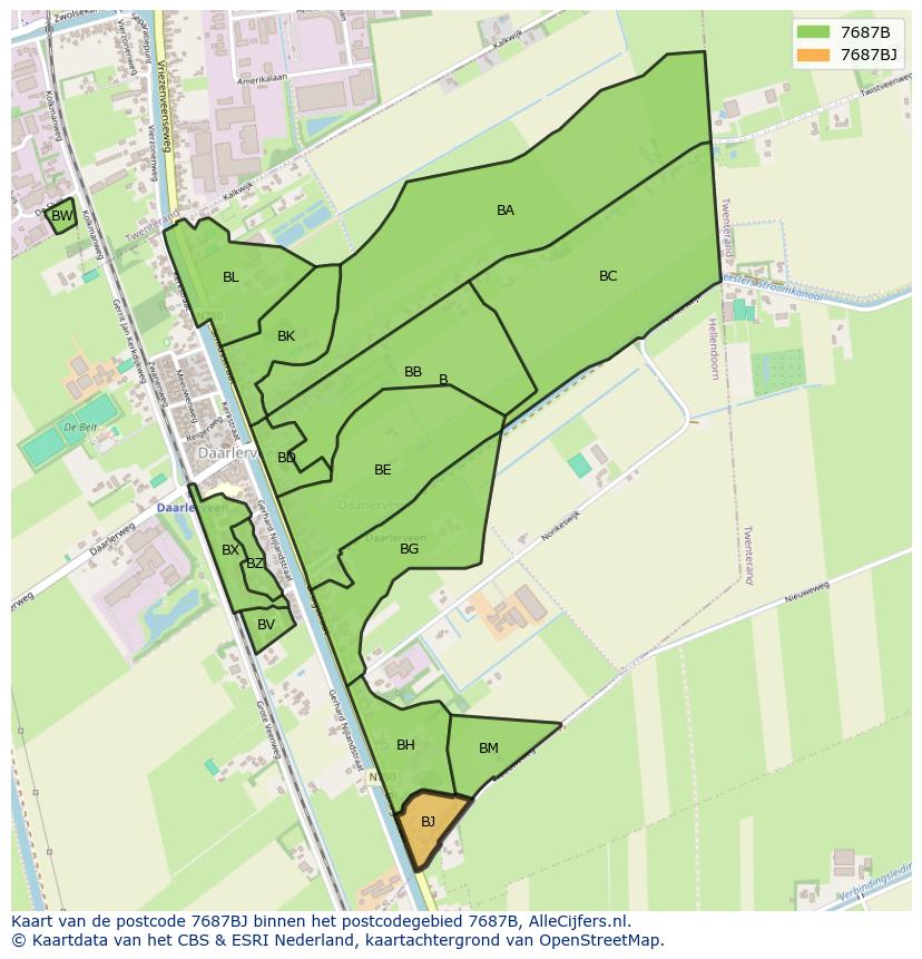 Afbeelding van het postcodegebied 7687 BJ op de kaart.