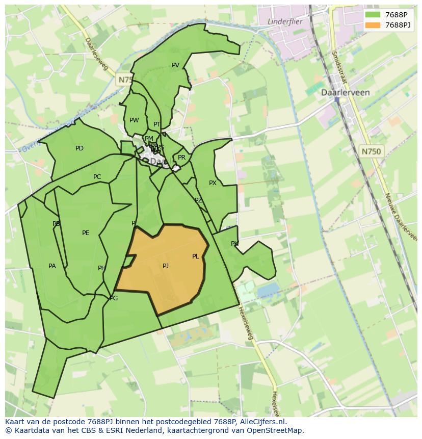 Afbeelding van het postcodegebied 7688 PJ op de kaart.