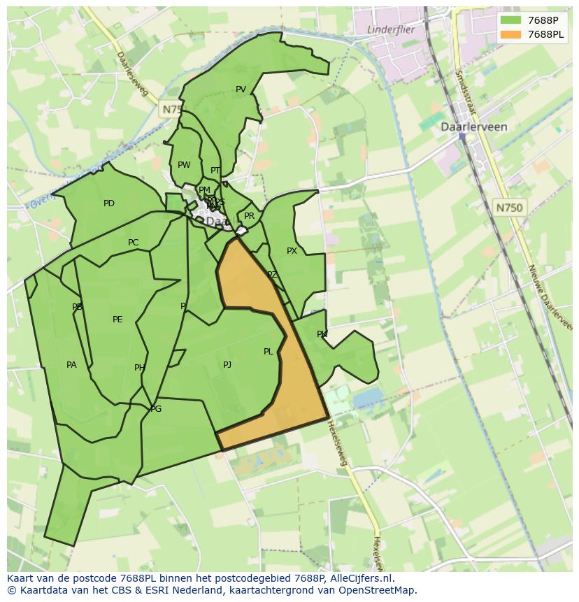 Afbeelding van het postcodegebied 7688 PL op de kaart.