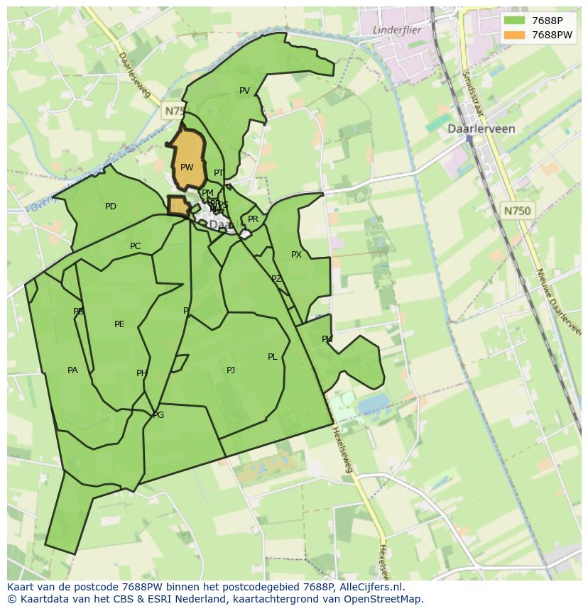 Afbeelding van het postcodegebied 7688 PW op de kaart.