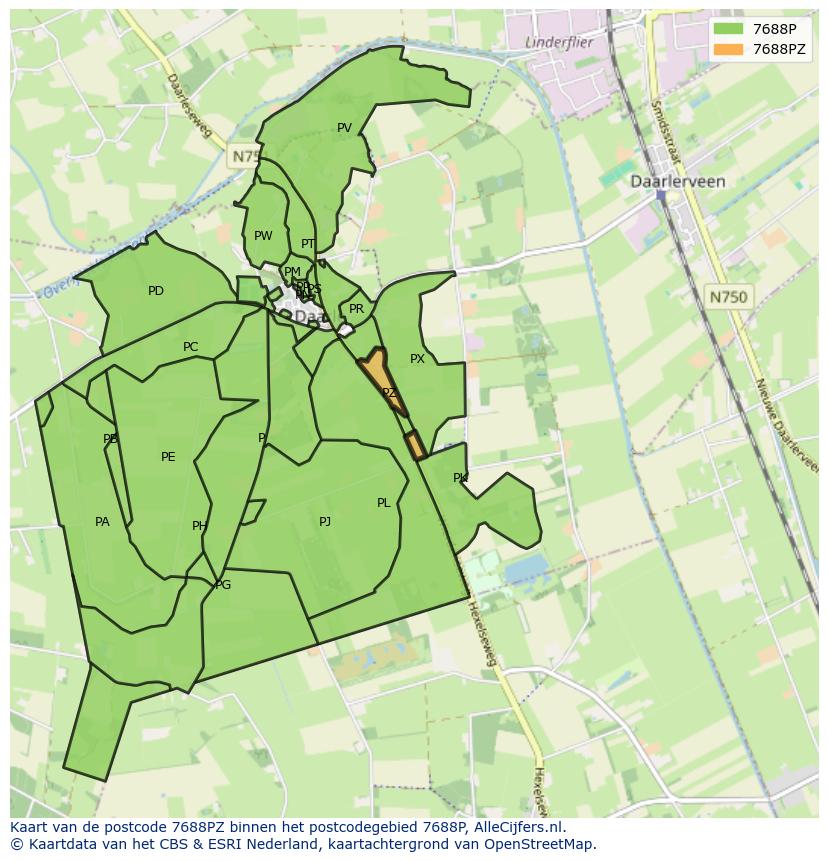 Afbeelding van het postcodegebied 7688 PZ op de kaart.