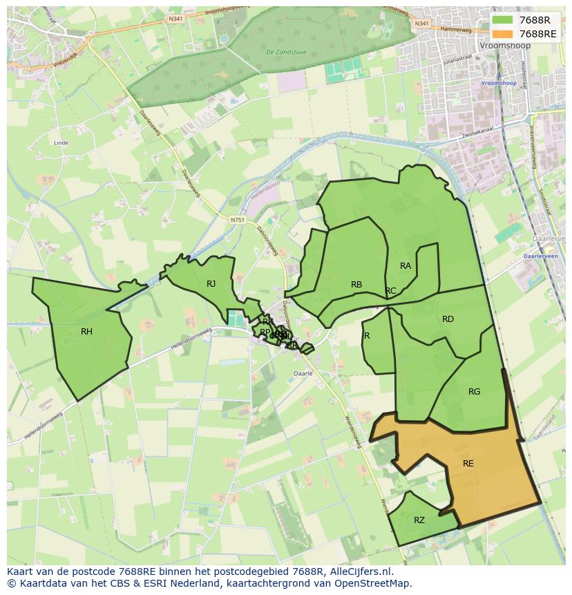 Afbeelding van het postcodegebied 7688 RE op de kaart.