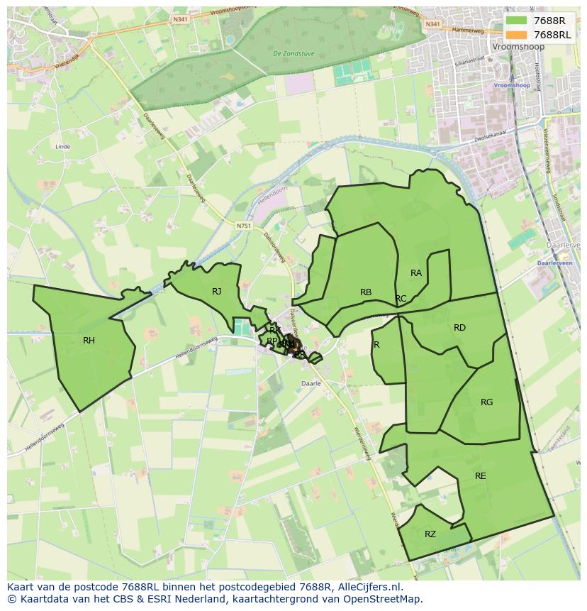 Afbeelding van het postcodegebied 7688 RL op de kaart.