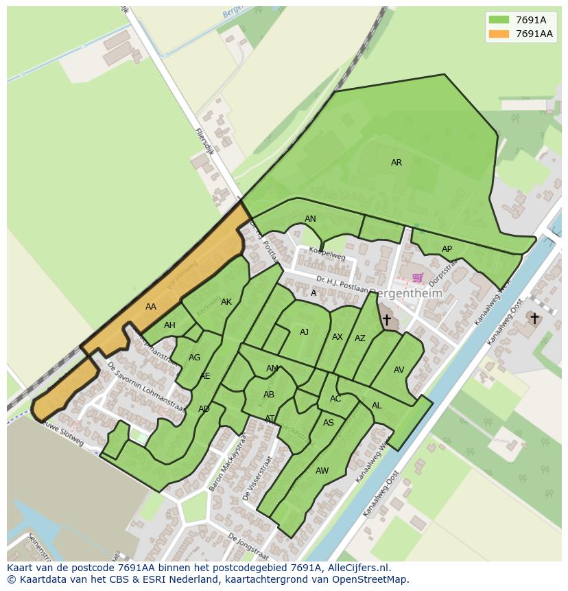 Afbeelding van het postcodegebied 7691 AA op de kaart.