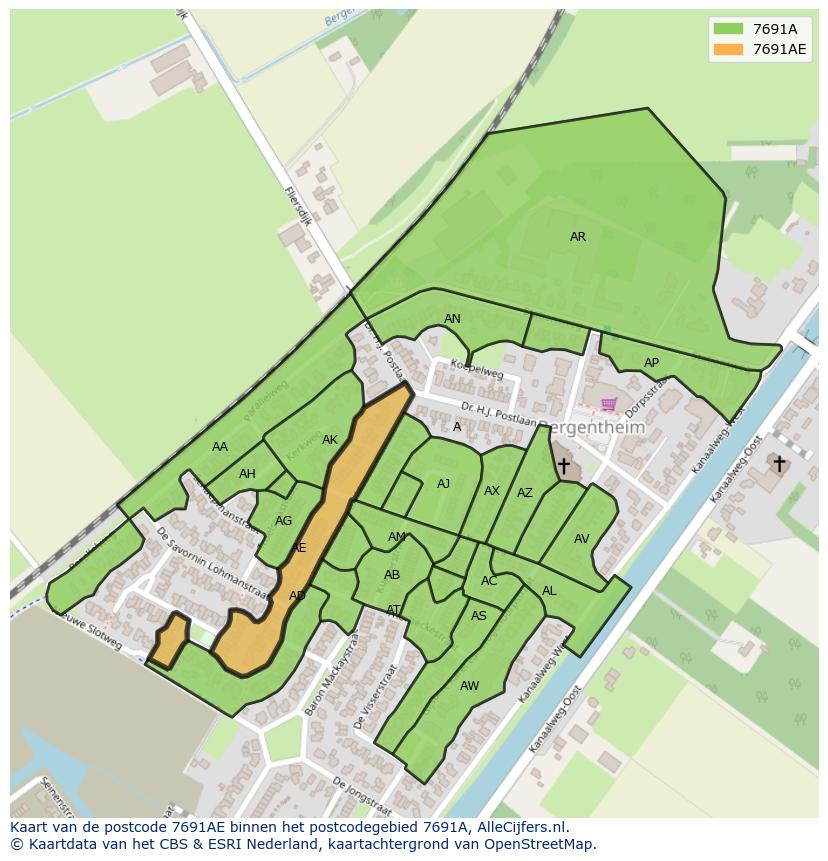 Afbeelding van het postcodegebied 7691 AE op de kaart.
