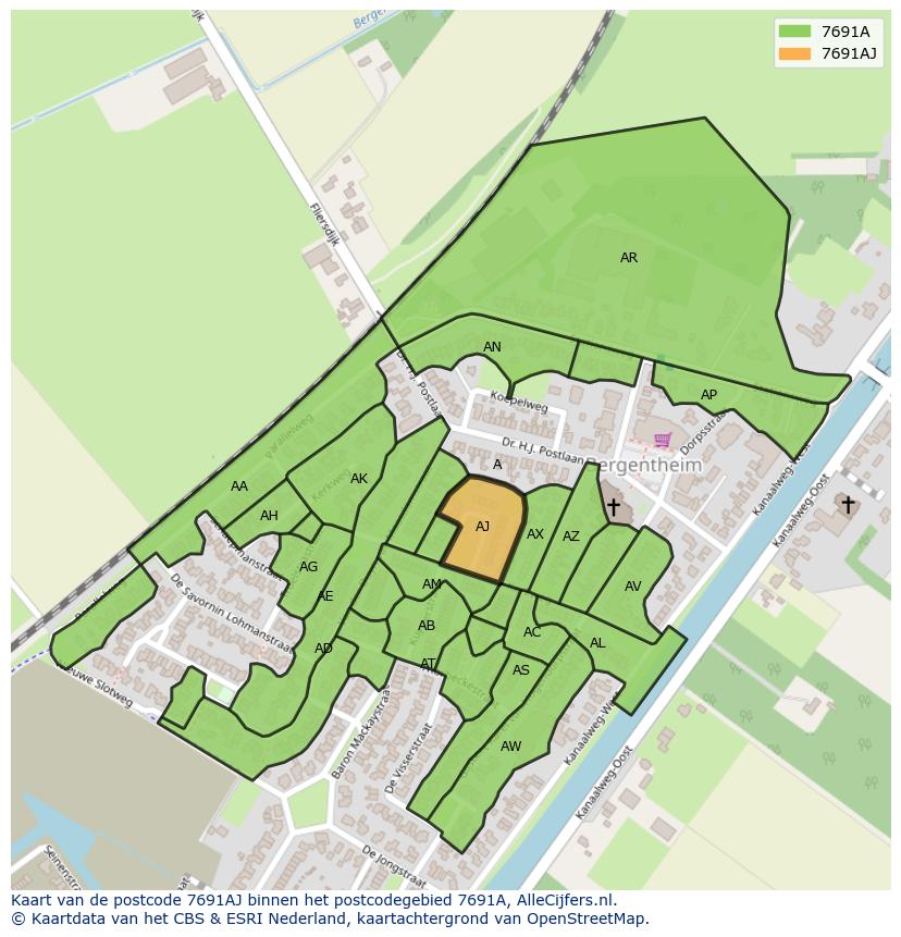 Afbeelding van het postcodegebied 7691 AJ op de kaart.
