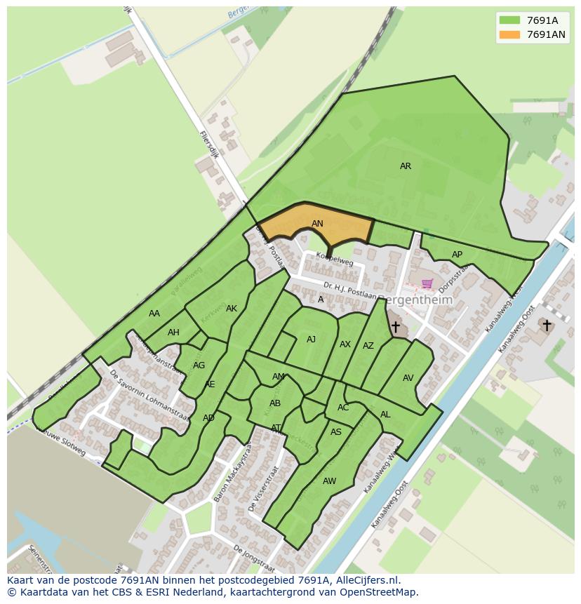 Afbeelding van het postcodegebied 7691 AN op de kaart.