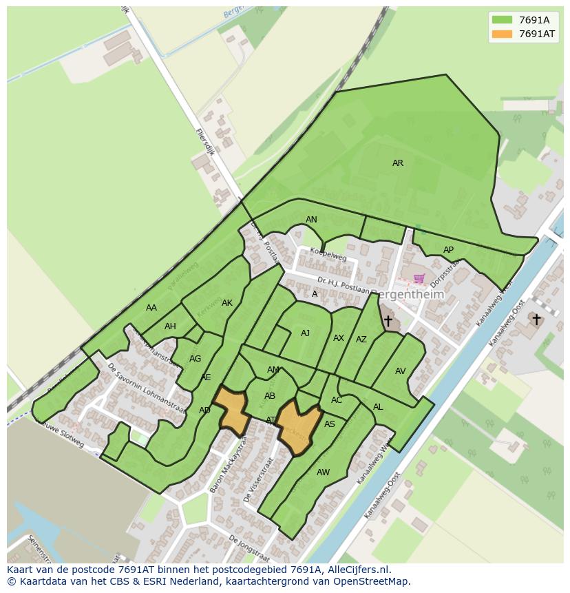 Afbeelding van het postcodegebied 7691 AT op de kaart.