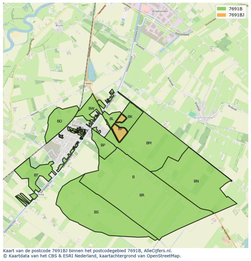 Afbeelding van het postcodegebied 7691 BJ op de kaart.