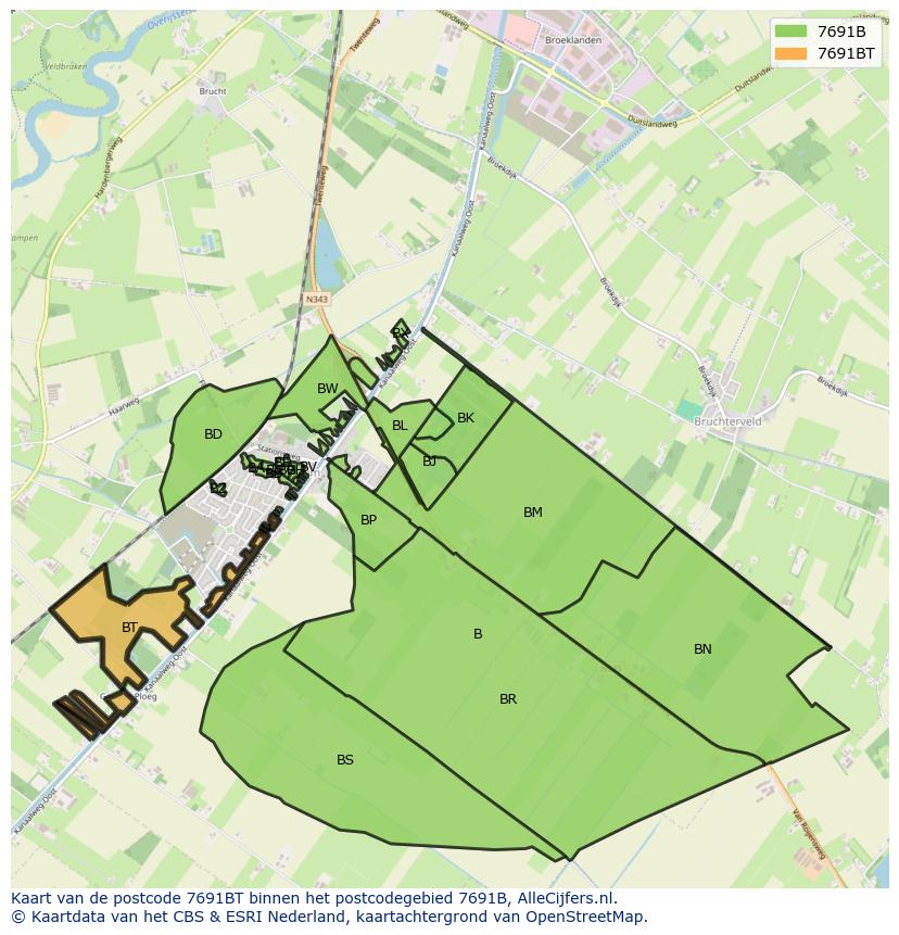 Afbeelding van het postcodegebied 7691 BT op de kaart.