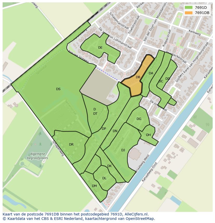 Afbeelding van het postcodegebied 7691 DB op de kaart.