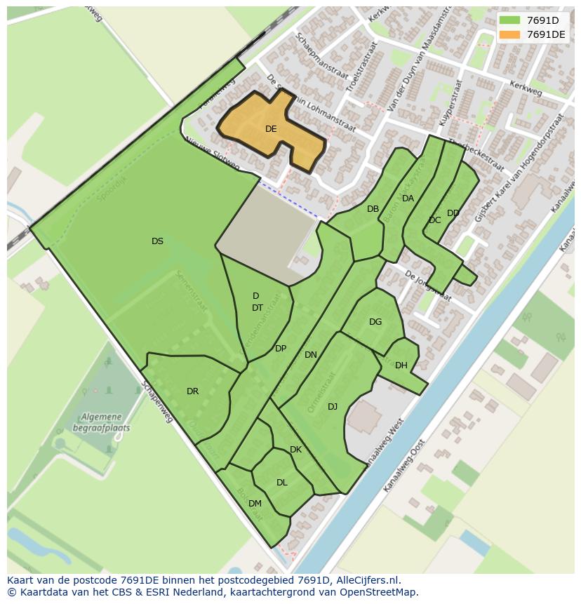 Afbeelding van het postcodegebied 7691 DE op de kaart.