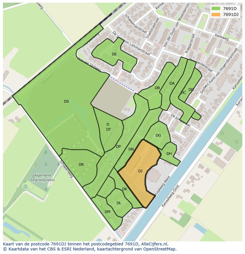 Afbeelding van het postcodegebied 7691 DJ op de kaart.