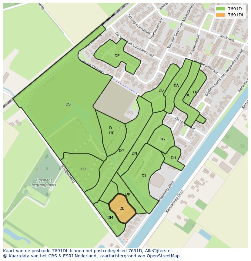Afbeelding van het postcodegebied 7691 DL op de kaart.