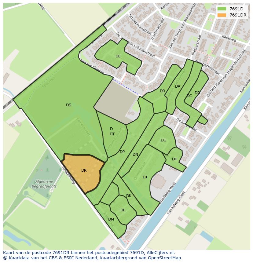 Afbeelding van het postcodegebied 7691 DR op de kaart.