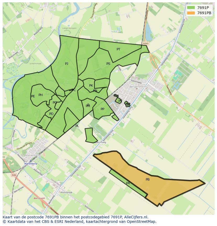 Afbeelding van het postcodegebied 7691 PB op de kaart.