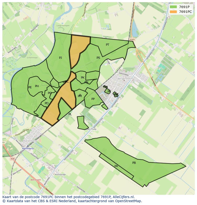Afbeelding van het postcodegebied 7691 PC op de kaart.