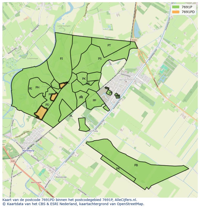 Afbeelding van het postcodegebied 7691 PD op de kaart.