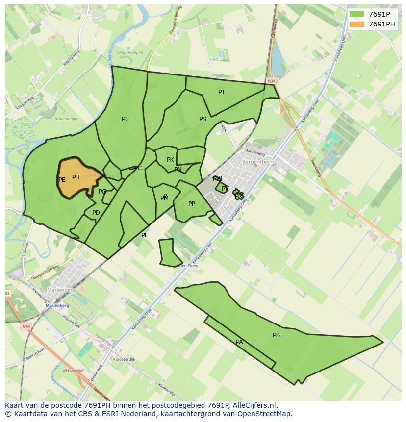 Afbeelding van het postcodegebied 7691 PH op de kaart.