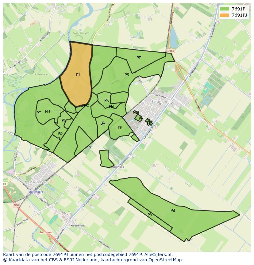 Afbeelding van het postcodegebied 7691 PJ op de kaart.