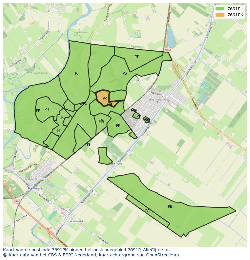 Afbeelding van het postcodegebied 7691 PK op de kaart.
