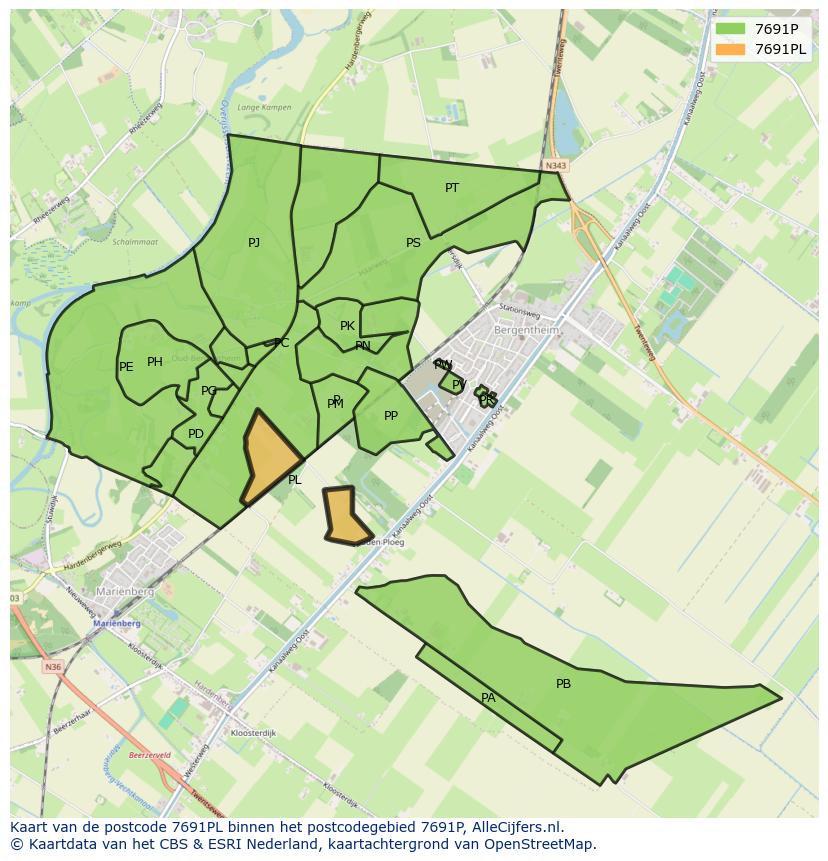 Afbeelding van het postcodegebied 7691 PL op de kaart.