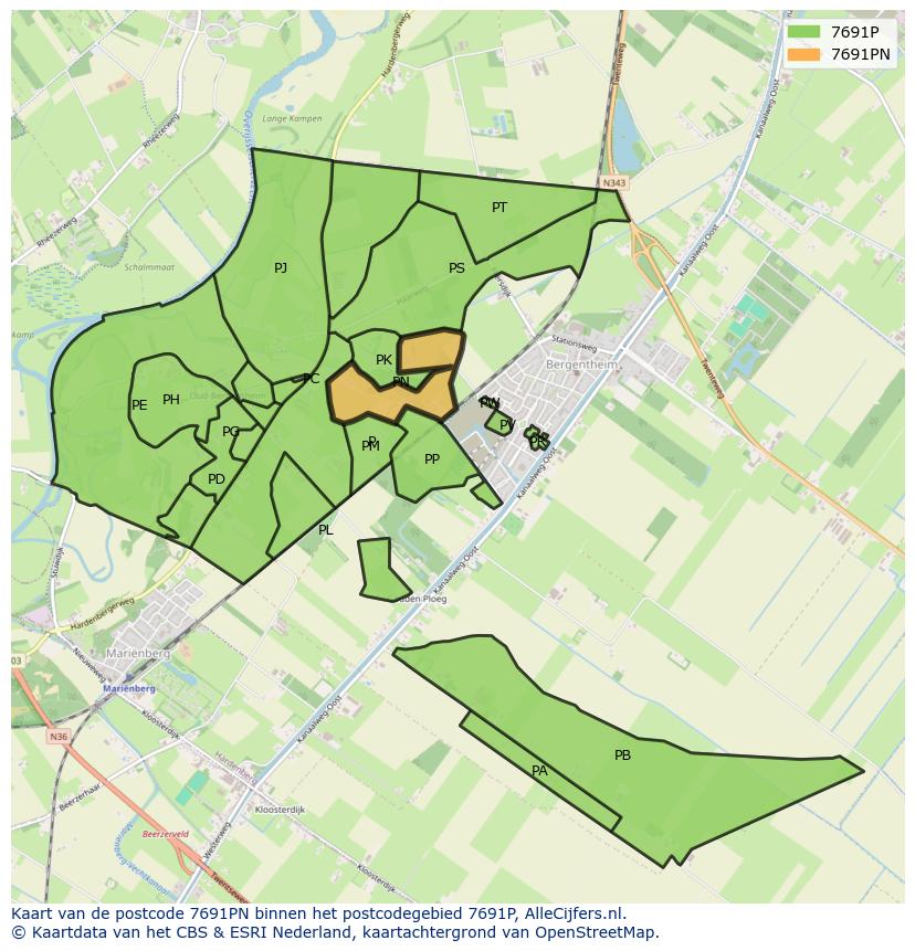 Afbeelding van het postcodegebied 7691 PN op de kaart.