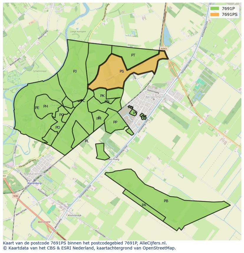 Afbeelding van het postcodegebied 7691 PS op de kaart.