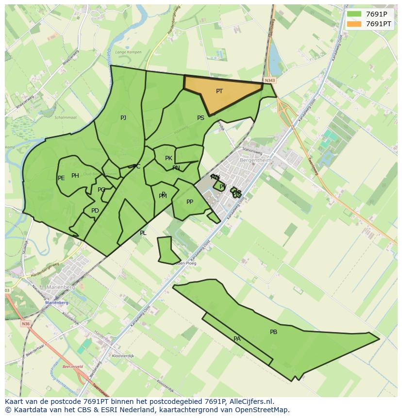Afbeelding van het postcodegebied 7691 PT op de kaart.