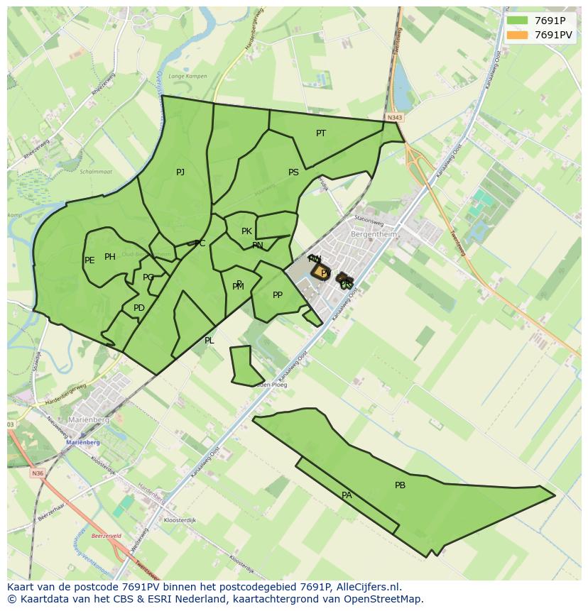 Afbeelding van het postcodegebied 7691 PV op de kaart.