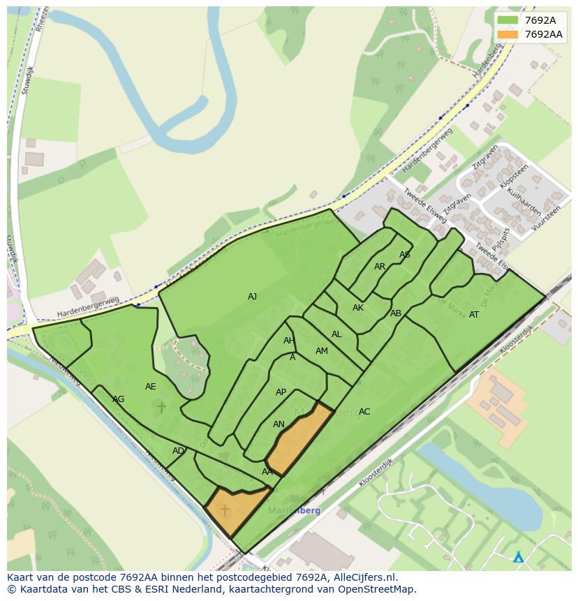 Afbeelding van het postcodegebied 7692 AA op de kaart.