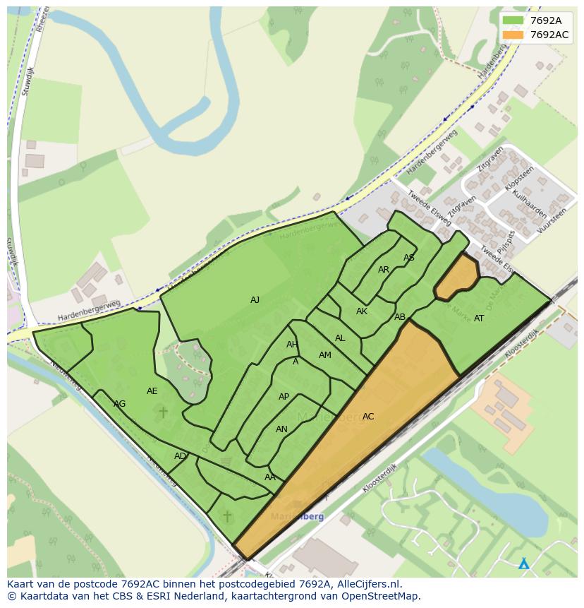 Afbeelding van het postcodegebied 7692 AC op de kaart.