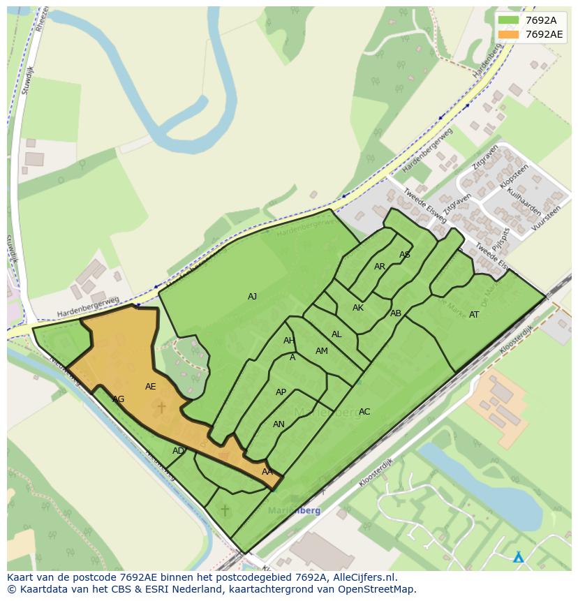 Afbeelding van het postcodegebied 7692 AE op de kaart.