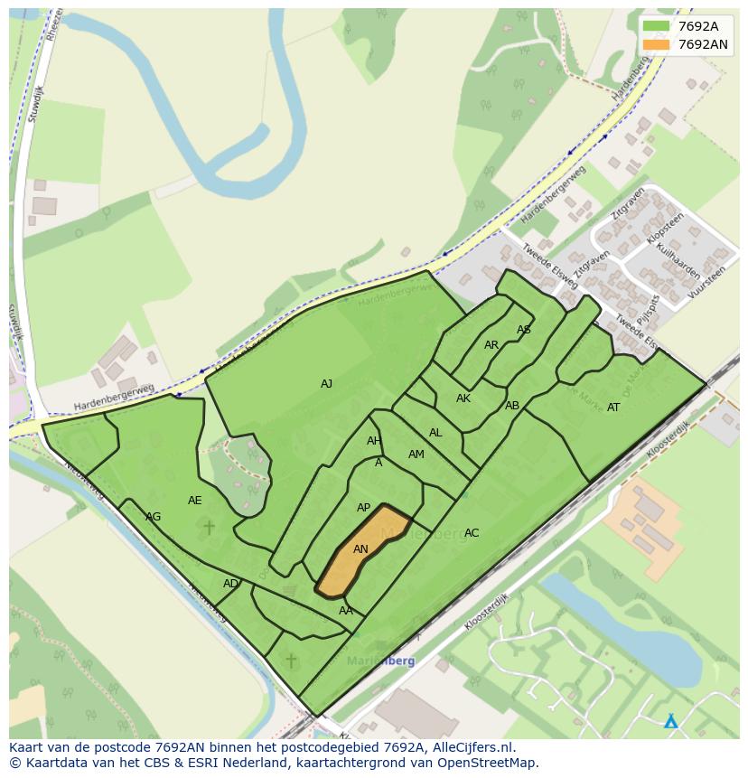 Afbeelding van het postcodegebied 7692 AN op de kaart.