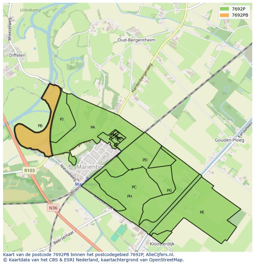 Afbeelding van het postcodegebied 7692 PB op de kaart.