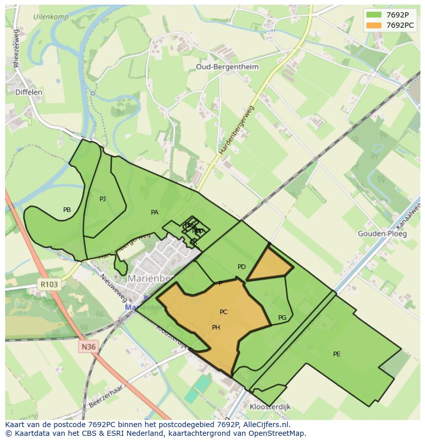 Afbeelding van het postcodegebied 7692 PC op de kaart.
