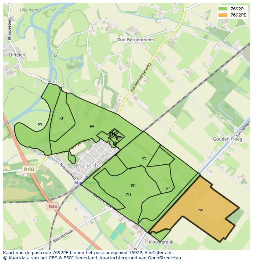 Afbeelding van het postcodegebied 7692 PE op de kaart.