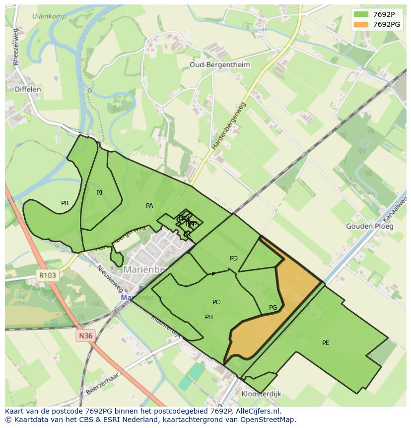 Afbeelding van het postcodegebied 7692 PG op de kaart.