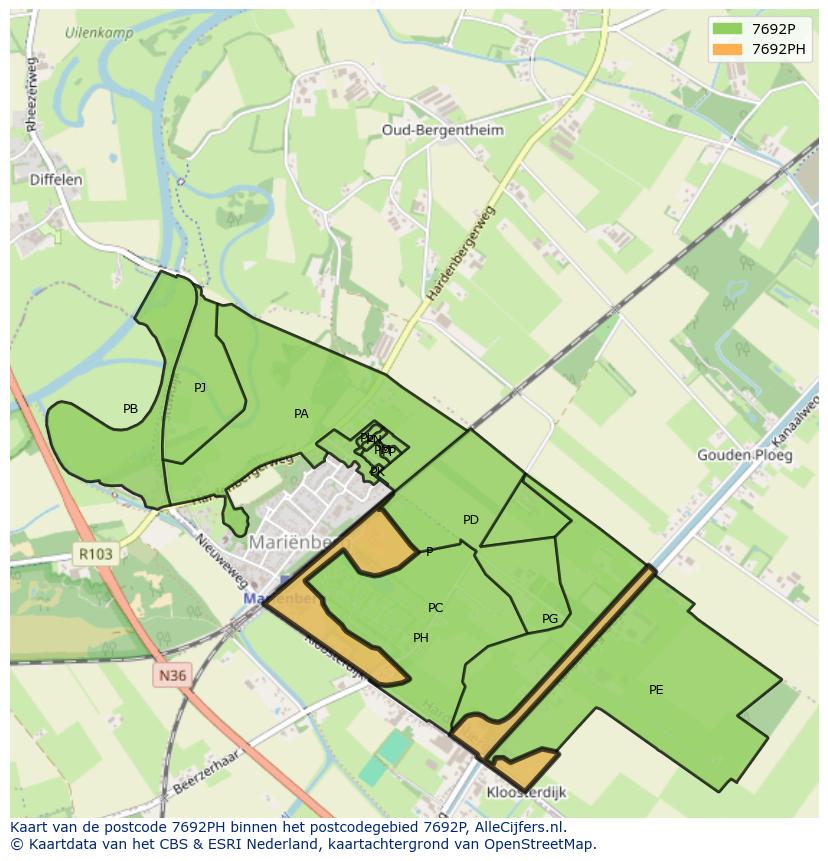 Afbeelding van het postcodegebied 7692 PH op de kaart.