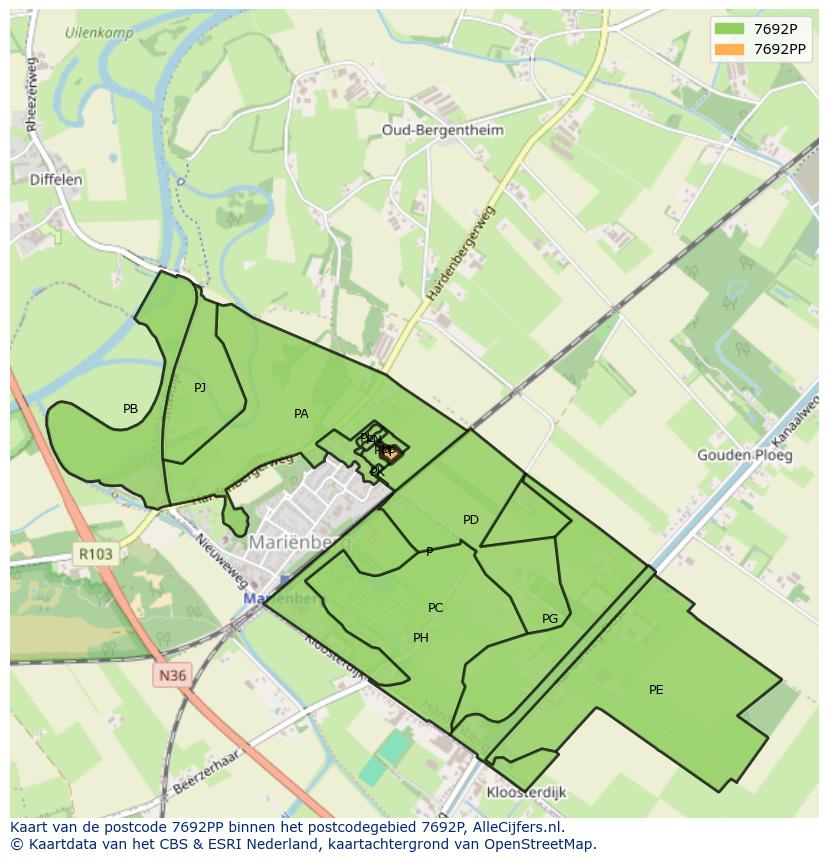 Afbeelding van het postcodegebied 7692 PP op de kaart.