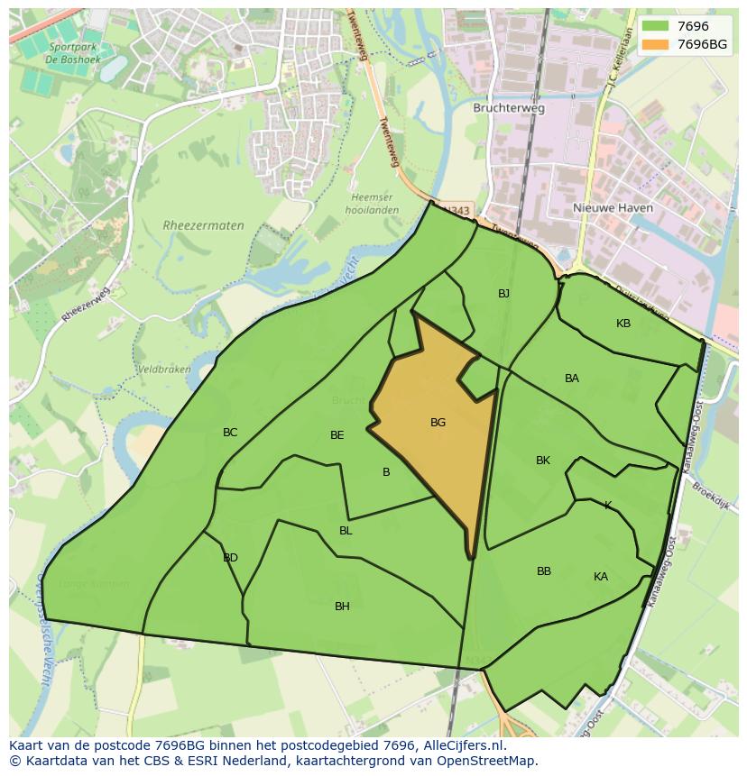 Afbeelding van het postcodegebied 7696 BG op de kaart.