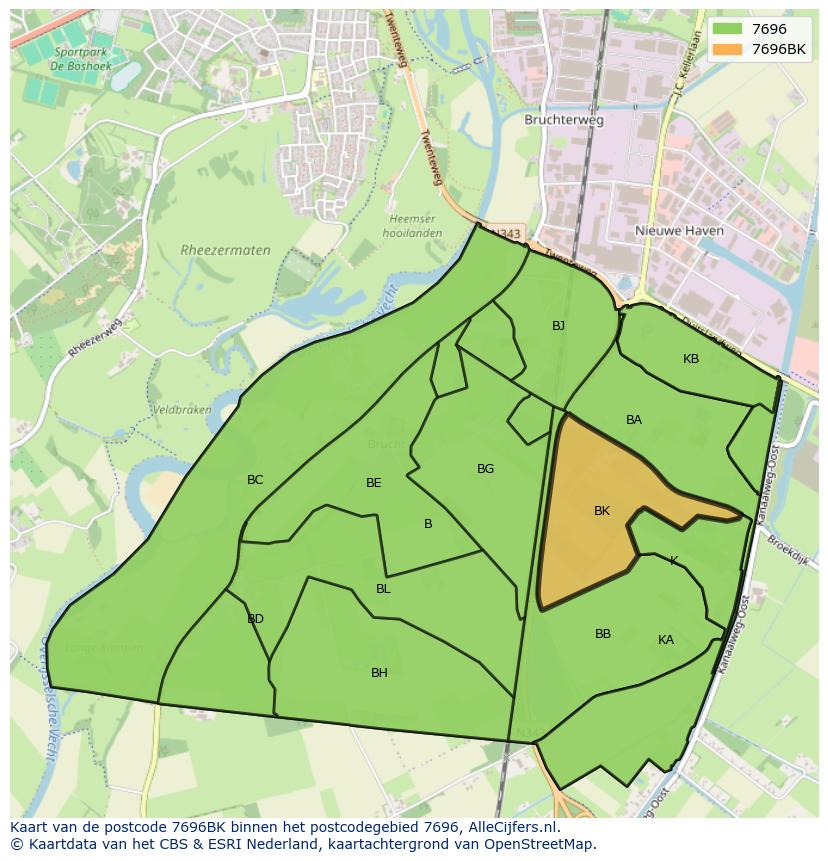 Afbeelding van het postcodegebied 7696 BK op de kaart.