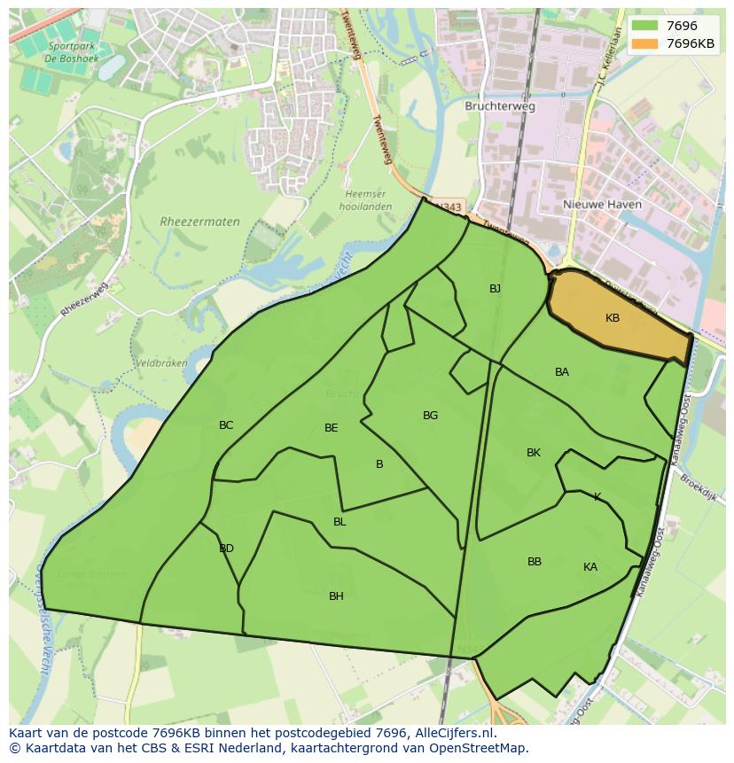 Afbeelding van het postcodegebied 7696 KB op de kaart.