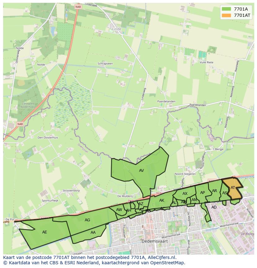 Afbeelding van het postcodegebied 7701 AT op de kaart.