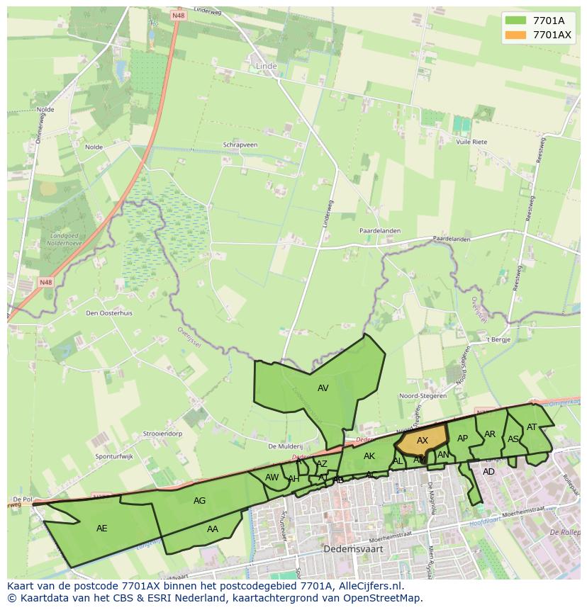 Afbeelding van het postcodegebied 7701 AX op de kaart.