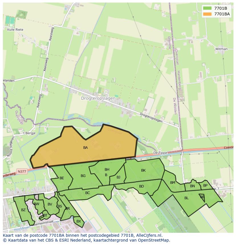 Afbeelding van het postcodegebied 7701 BA op de kaart.