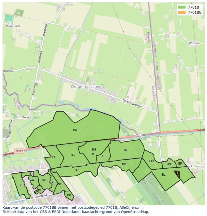 Afbeelding van het postcodegebied 7701 BB op de kaart.
